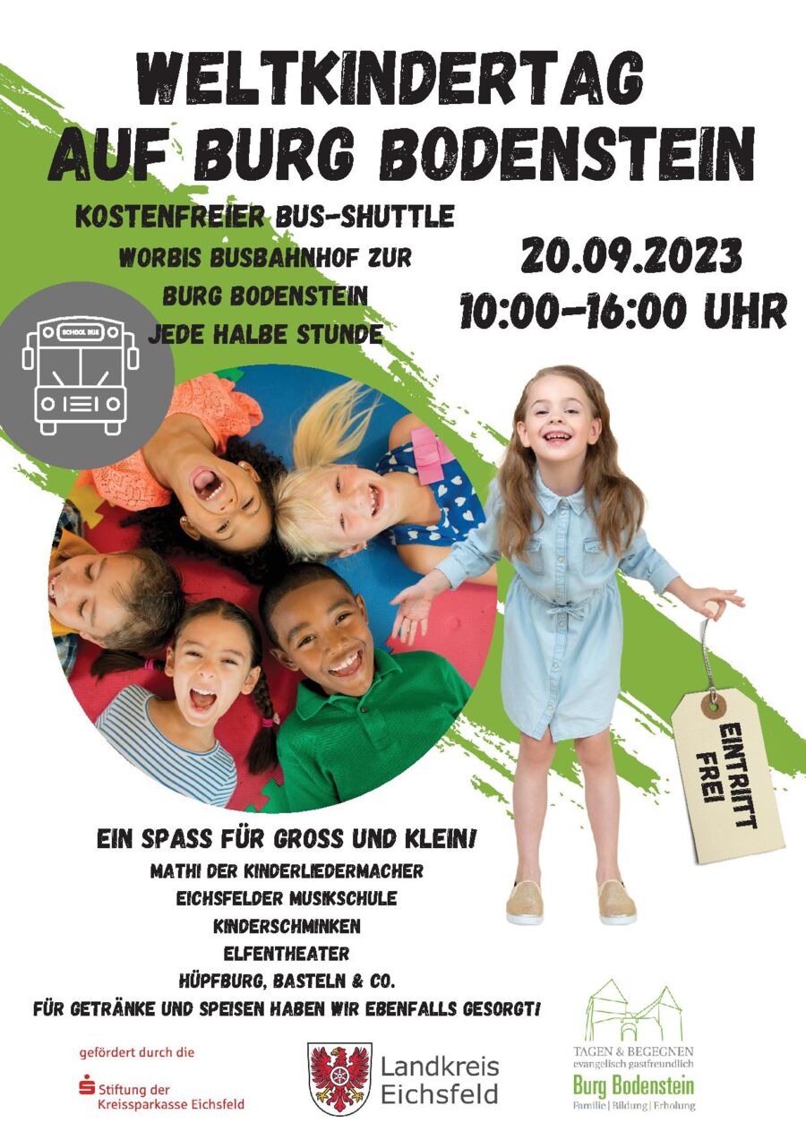 Plakat zum Familienfest am Weltkindertag auf Burg Bodenstein. am 20. September von 10 bis 16 Uhr. Der Eintritt ist frei. Es gibt ein kostenloses Bus-Shuttle von Worbis zur Burg.