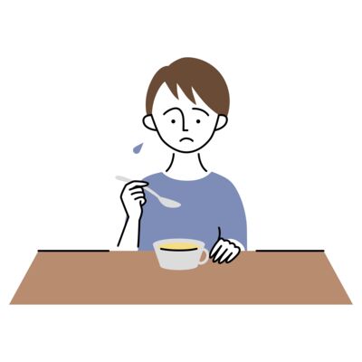 Eine Illustration eines Kindes, dass traurig und ängstlich vor einer Schüssel mit Suppe sitzt