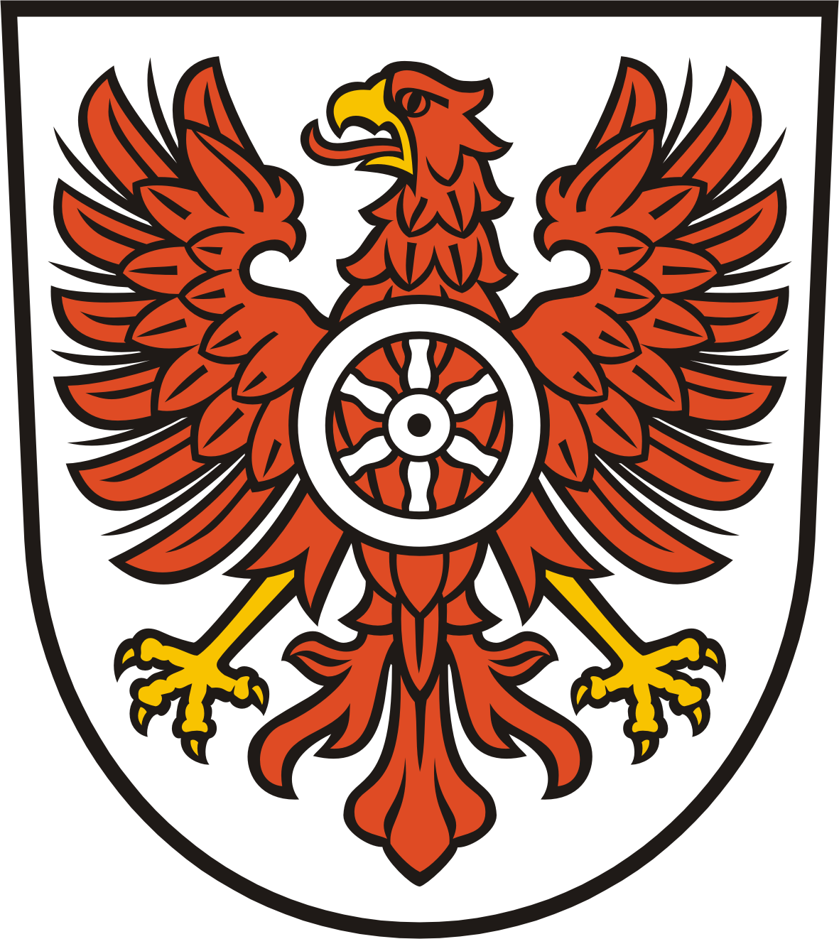 Zu sehen ist das Wappen des Landkreises Eichsfeld mit dem preußischen Adler, der ein weißes Mainzer Rad auf der Brust trägt.